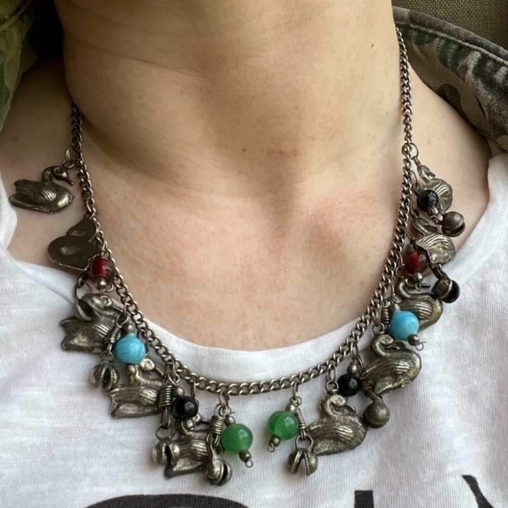Vintage Tribal Silver Charm Statement Necklace with Multicolor Beads Swans